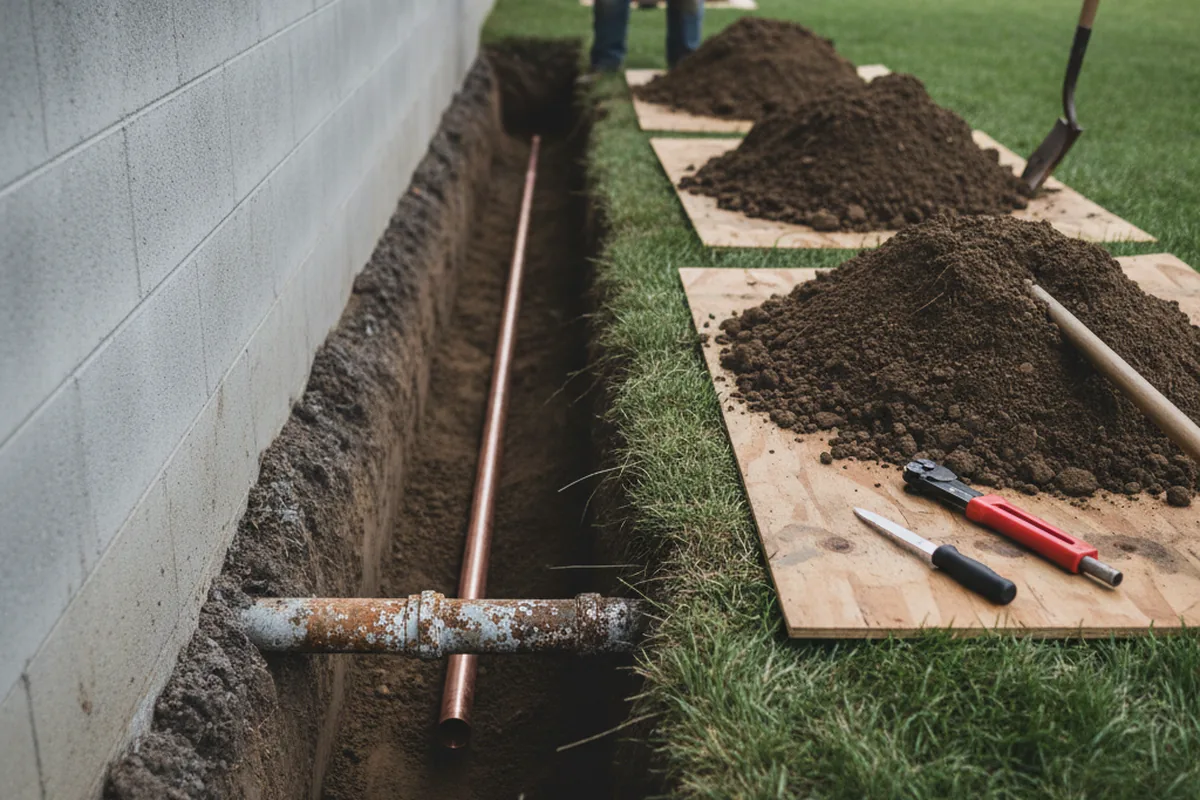 Excavated water line trench during Water Heater Repair in Kiln